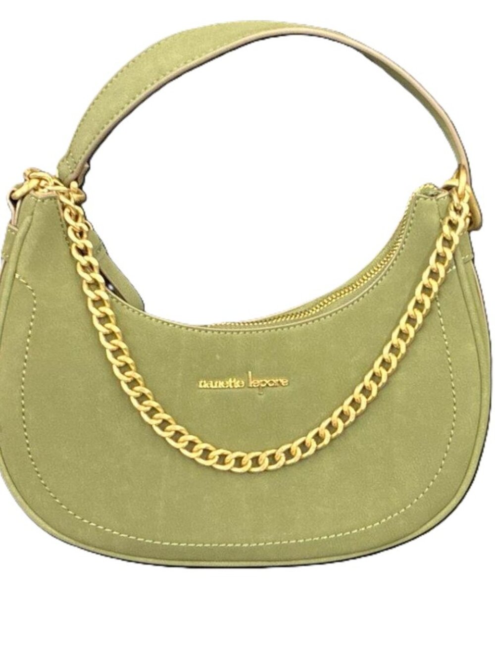Nanette Lepore Olive Green Faux Suede Crescent Shoulder Bag Gold Chain Accent